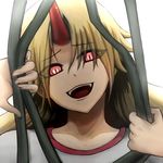  :d bad_id bad_pixiv_id bars bending blonde_hair commentary crazy_eyes crazy_smile green_(midoriryuu) horn horror_(theme) hoshiguma_yuugi long_hair open_mouth prison red_eyes shirt slit_pupils smile t-shirt touhou you_gonna_get_raped 