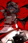  arm_up ascot banned_artist bat_wings blue_hair bow briefcase dark frills glowing glowing_eyes hat hat_bow kozou_(soumuden) long_skirt looking_at_viewer mob_cap puffy_sleeves red_background red_eyes remilia_scarlet shirt short_hair short_sleeves simple_background skirt skirt_set smile solo touhou vest wings wrist_cuffs 