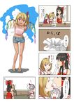  alternate_costume bag bare_legs bare_shoulders bat_wings bent_over black_hair blonde_hair blue_hair blue_sky bow candy casual cheating chemise closed_eyes cloud collarbone comic commentary_request contemporary cup drinking_glass fan fang feeding flandre_scarlet food grey_eyes hair_bow hair_ribbon hair_tubes hakurei_reimu hat hug imminent_kiss jealous kitano_(kitanosnowwhite) midriff mob_cap mouth_to_mouth multiple_girls navel netorare no_hat no_headwear off_shoulder open_mouth ponytail red_eyes remilia_scarlet ribbon saliva saliva_trail sandals shared_food shocked_eyes shorts siblings side_ponytail silver_hair sisters sitting sitting_on_lap sitting_on_person sky slippers smile smirk strap_slip table tan tanline touhou translation_request wariza wings yuri 