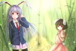  :o animal_ears bamboo bamboo_forest black_hair bunny_ears bunny_tail carrot_necklace crescent dress forest frilled_sleeves frills highres inaba_tewi jewelry lavender_hair long_hair miniskirt multiple_girls nature pendant pink_dress puffy_short_sleeves puffy_sleeves red_eyes reisen_udongein_inaba short_hair short_sleeves skirt suit_jacket tail thighhighs touhou watatsuki_dai_usagi-ko zettai_ryouiki 