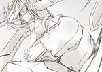  ahoge ass ass_focus bangs bent_over blazblue bodysuit braid breasts damaged dd_mayohara dutch_angle hair_between_eyes large_breasts looking_at_viewer looking_back mecha_musume monochrome nu-13 parted_lips red_eyes sketch solo spot_color torn_clothes visor 