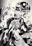  1girl breasts full_moon gun halftone handgun hinoe_(right-hnxx03) hiteihime_(katanagatari) japanese_clothes katana katanagatari kimono mask medium_breasts monochrome moon revolver screentones sheath souda_emonzaemon sword unsheathing weapon 