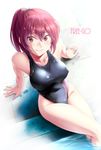  arm_support breasts competition_swimsuit covered_nipples free! from_above highres kokutou long_hair looking_at_viewer looking_up matsuoka_gou medium_breasts one-piece_swimsuit ponytail poolside red_eyes red_hair sitting smile solo swimsuit taut_clothes taut_swimsuit wet 