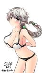  alternate_costume arms_behind_back bad_id bad_pixiv_id bare_shoulders bikini bow braid breasts cleavage hair_bow kantai_collection large_breasts long_hair looking_at_viewer navel nekobaka sideboob single_braid solo strap_slip swimsuit unryuu_(kantai_collection) white_background white_bikini white_hair yellow_eyes 
