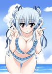  bad_id bad_pixiv_id bikini blue_hair breasts cleavage double_v highres huge_breasts kinomoto_hana red_eyes ren'ai_0_kilometer short_hair swimsuit v yanagi_kawa 