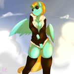  2014 anthro anthrofied arnachy big_breasts biting_lip bottomless breasts cutie_mark equine eyewear female friendship_is_magic fur green_fur hair jacket legwear lightning_dust_(mlp) mammal my_little_pony pegasus pussy solo sunglasses two_tone_hair wings 