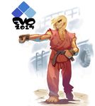  barefoot belt blonde_hair brown_hair dougi electric_niw evolution_championship_series eyebrows grin hair_over_one_eye ken_masters male_focus muscle sleeveless smile solo street_fighter thick_eyebrows 