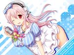  ;d asahi_yanagi between_breasts blush bow breasts food garter_straps headphones large_breasts long_hair looking_at_viewer macaron microphone microphone_stand nitroplus one_eye_closed open_mouth pink_hair red_eyes smile solo striped super_sonico vertical_stripes 