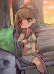  bad_id bad_pixiv_id blush brown_eyes brown_hair evening food highres kodama_fumika long_hair nankai open_mouth ponytail popsicle sitting sky solo tree watermelon_bar youkai_watch 