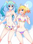  ;d ahoge aqua_eyes aqua_hair bikini blonde_hair blue_eyes fang frilled_bikini frills hatsune_miku highres holding_arm kagamine_rin kawahara_chisato long_hair multiple_girls one_eye_closed open_mouth project_diva_(series) ribbon scrunchie short_hair smile spaghetti_strap sparkle_background summer_idol_(vocaloid) swimsuit swimwear_(module) twintails updo vocaloid 