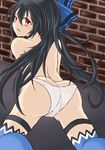  ass back bare_shoulders black_hair blush bow cameltoe choujigen_game_neptune compile_heart from_behind hair_bow idea_factory kami_jigen_game_neptune_v long_hair looking_at_viewer looking_back neptune_(series) noire open_mouth panties parted_lips red_eyes solo sweatdrop thighhighs topless twintails underwear very_long_hair 
