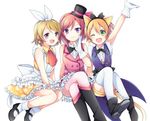  :d ;d brown_hair crossed_legs girl_sandwich gloves green_eyes hairband hat hoshizora_rin koizumi_hanayo korekara_no_someday looking_at_viewer love_live! love_live!_school_idol_project mary_janes multiple_girls nishikino_maki one_eye_closed open_mouth purple_eyes red_eyes sandwiched shoes short_hair simple_background sitting smile soranagi white_background white_gloves 