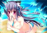 animal_ears bare_shoulders beach bikini black_hair blue_bikini blush cat_ears cat_tail covering covering_breasts leaning_forward long_hair looking_at_viewer mouth_hold ocean ooji_cha original outdoors polka_dot polka_dot_bikini polka_dot_swimsuit purple_eyes solo swimsuit tail water 