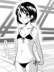  arms_behind_back bikini blush breasts bunny_hair_ornament greyscale hair_ornament hairclip halftone hands_clasped highres idolmaster idolmaster_cinderella_girls indoors looking_at_viewer midriff monochrome navel own_hands_together pool poolside rei_no_pool sakayama_shinta sasaki_chie short_hair side-tie_bikini small_breasts solo swimsuit water 