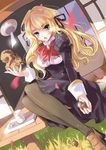  absurdres acorn blonde_hair blush bow dress dutch_angle fang full_body hair_ribbon highres itsukushima_takako keikaj long_hair looking_at_viewer open_mouth otome_wa_boku_ni_koishiteru purple_eyes ribbon school_uniform sitting sliding_doors solo squirrel thighhighs wind_chime 