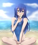  1girl astarte_(strike_the_blood) beach blue_eyes blue_hair blue_sky blue_swimsuit cloud collarbone competition_swimsuit cream cream_on_face day eyebrows_visible_through_hair food food_on_face hair_between_eyes highleg highleg_swimsuit holding holding_food indian_style long_hair looking_at_viewer ocean one-piece_swimsuit outdoors shiny shiny_hair sitting sky solo strike_the_blood swimsuit tongue tongue_out very_long_hair yyi 