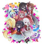  6+girls ahoge bandage black_hair black_legwear blonde_hair blue_hair bow brown_hair chibi dango_hair_ornament eyebrows_visible_through_hair facial_scar food_themed_hair_ornament forehead_scar gloves hair_between_eyes hair_bow hair_ornament hair_over_one_eye hair_ribbon hoshikawa_lily idol konno_junko long_hair looking_at_viewer low_twintails minamoto_sakura mizuno_ai multicolored_hair multiple_girls nikaidou_saki open_mouth patchwork_skin polka_dot polka_dot_bow ponytail red_eyes red_hair ribbon scar short_hair silver_hair skirt star star_hair_ornament stitches streaked_hair thighhighs twintails user_swpy8825 very_long_hair yamada_tae yuugiri_(zombie_land_saga) zombie zombie_land_saga 