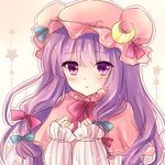  :t bad_id bad_pixiv_id crescent dress frilled_sleeves frills hat lilith_(lilithchan) long_hair long_sleeves mob_cap patchouli_knowledge purple_eyes purple_hair solo tied_hair touhou 