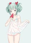  bikini eating food green_eyes green_hair hatsune_miku motituki0 navel popsicle see-through simple_background solo strap_slip swimsuit tan tanline vocaloid watermelon_bar 