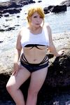  1girl asian beach blonde_hair breasts chouzuki_maryou cosplay highres large_breasts miss_spencer miss_spencer_(cosplay) ocean photo plump rumble_roses rumble_roses_xx 