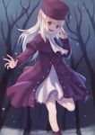  1girl :d absurdres cloud cloudy_sky coat dress eyebrows_visible_through_hair fate/stay_night fate_(series) frilled_dress frills hair_between_eyes hat highres illyasviel_von_einzbern leg_up long_hair night open_mouth outdoors outstretched_arm purple_coat purple_hat red_eyes short_dress silver_hair sky smile snowing solo standing standing_on_one_leg white_dress winter_clothes winter_coat yorishiem 