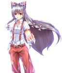  bad_id bad_pixiv_id bow fireball fujiwara_no_mokou hair_bow hair_ribbon highres juliet_sleeves long_hair long_sleeves ofuda open_mouth pants puffy_sleeves red_eyes ribbon shirt silver_hair simple_background solo suspenders touhou tress_ribbon very_long_hair wendell white_background 