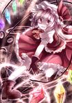  ascot blonde_hair boots flandre_scarlet gloves glowing glowing_wings hat hat_ribbon laevatein miyakure mob_cap pink_eyes puffy_sleeves red_gloves revision ribbon shaded_face shirt short_sleeves side_ponytail skirt skirt_set solo touhou vest wings 