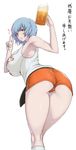  absurdres alcohol ao_madoushi ass ayanami_rei beer blue_hair breasts employee_uniform heart highres hooters huge_breasts impossible_clothes impossible_shirt looking_at_viewer neon_genesis_evangelion no_legwear red_eyes shirt short_hair short_shorts shorts smile solo thighs translation_request uniform v zanshomimai 