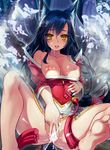  ahri animal_ears black_hair breasts cum cum_in_pussy detached_sleeves facial facial_mark fox_ears fox_tail highres league_of_legends long_hair looking_at_viewer medium_breasts multiple_tails nipples pussy solo spread_pussy tail whisker_markings xiaoyin_li 