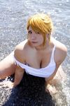  1girl asian beach blonde_hair breasts chouzuki_maryou cosplay highres large_breasts miss_spencer miss_spencer_(cosplay) ocean photo plump rumble_roses rumble_roses_xx 