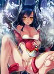  ahri animal_ears black_hair breasts clitoris detached_sleeves facial_mark fox_ears fox_tail highres large_breasts league_of_legends long_hair looking_at_viewer multiple_tails nipples pussy solo spread_pussy tail uncensored urethra whisker_markings xiaoyin_li 