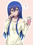  1girl ? astarte_(strike_the_blood) blue_eyes blue_hair blush breasts collarbone cream cream_on_face crepe food food_on_face hair_between_eyes holding holding_food long_hair long_sleeves looking_at_viewer pink_background shiny shiny_hair small_breasts solo speech_bubble standing strike_the_blood sweater tongue tongue_out upper_body very_long_hair white_sweater yyi 