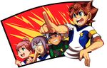  3boys adjusting_eyewear armband bad_id bad_pixiv_id blue_eyes braid brown_hair clenched_teeth earth_eleven glasses goalkeeper highres ibuki_munemasa inazuma_eleven_(series) inazuma_eleven_go inazuma_eleven_go_galaxy lightning_bolt manabe_jin'ichirou matsukaze_tenma multiple_boys nozaki_sakura open_mouth pink_hair pointing purple_hair sakamotokun short_hair simple_background soccer_uniform sportswear sweat teeth white_background 