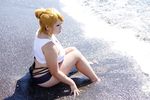  1girl asian beach blonde_hair breasts chouzuki_maryou cosplay highres large_breasts miss_spencer miss_spencer_(cosplay) ocean photo plump rumble_roses rumble_roses_xx 