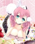  amiko_(frostedchocolate) apple atelier_(series) atelier_escha_&amp;_logy black_skirt book braid breasts cleavage escha_malier food fruit green_eyes hat highres large_breasts lying pink_hair pom_pom_(clothes) short_hair short_twintails skirt smile solo twintails 