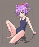  bow brown_background double_bun green_eyes hair_bow looking_at_viewer manaka_lala one-piece_swimsuit pretty_(series) pripara purple_hair rohitsuka school_swimsuit short_hair sitting sketch solo swimsuit 