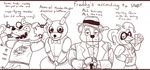  avian bear bird blush bonnie_(fnaf) canine chica_(fnaf) chicken eye_patch eyewear five_nights_at_freddy&#039;s food fox foxy_(fnaf) freddy_(fnaf) hat lagomorph machine mammal mechanical monochrome open_mouth pizza rabbit robot unknown_artist 