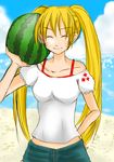  1girl blonde_hair eyes_closed food fruit genderswap long_hair naruko naruto smile solo twintails uzumaki_naruto watermelon 