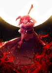  breasts coin dress flower large_breasts obi onozuka_komachi red_eyes sash scythe short_hair smile spider_lily touhou two_side_up yetworldview_kaze 