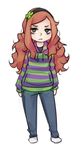  4chan bags_under_eyes clover colored_stripes denim four-leaf_clover freckles green_eyes hairband jeans light_frown long_hair monorus no_shoes pants red_hair simple_background socks solo striped striped_hoodie sweater vivian_james white_background 