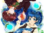  apple blue_eyes blue_hair book campanella_(ginga_tetsudou_no_yoru) flower food formal fruit ginga_tetsudou_no_yoru giovanni_(ginga_tetsudou_no_yoru) multiple_boys necktie night night_sky open_mouth red_eyes red_hair rotational_symmetry short_hair sky smile star_(sky) starry_sky suit vest 