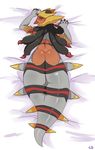  armlet ass bed_sheet biting black_hair black_sclera claws dakimakura dark_skin embarrassed full_body gen_4_pokemon giratina grey_skin highres lamia lightsource lip_biting long_hair looking_back lying monster_girl multicolored multicolored_skin on_stomach pokemon pokemon_(creature) pokemon_(game) pokemon_dppt red_eyes sheet_grab solo two-tone_skin 