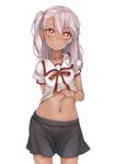  bad_id bad_pixiv_id chloe_von_einzbern cowboy_shot dark_skin fate/kaleid_liner_prisma_illya fate_(series) hand_on_own_stomach highres long_hair looking_at_viewer midriff navel nukomasu one_side_up purple_hair shirt_lift simple_background skirt smile solo stomach white_background 