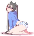  1girl :3 animal_ears animal_print arched_back arm_support artist_name ass barefoot black_hair blue_eyes blue_hoodie blush cat_ears cat_print from_side hair_between_eyes highres konbu_(hida123) konyan_(konbu) long_hair looking_at_viewer original panties seiza sitting smug striped striped_panties twintails underwear very_long_hair whisker_markings 