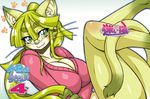  2014 blonde_hair cat comic crossed_arms eyewear feline female glasses green_eyes grin hair hi_res leaning looking_at_viewer mammal mayoineko nakagami_takashi pose raised_leg solo tail_between_legs 