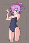  bow brown_background double_bun green_eyes hair_bow looking_at_viewer manaka_lala one-piece_swimsuit one_eye_closed pretty_(series) pripara purple_hair rohitsuka school_swimsuit short_hair sketch smile solo swimsuit 