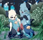  :o balls blue_eyes cum cum_on_hand dewott duo floorninja forest grass green_eyes male mammal mustelid nintendo oshawott otter penis pok&eacute;mon tree video_games water wet 