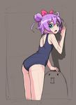  against_wall ass bow brown_background double_bun green_eyes hair_bow looking_at_viewer manaka_lala one-piece_swimsuit open_mouth pretty_(series) pripara purple_hair rohitsuka school_swimsuit short_hair sketch solo swimsuit 