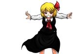  ascot blonde_hair blouse grin hair_ribbon outstretched_arms red_eyes ribbon rumia short_hair skirt smile spread_arms suikyou_(aqua_cities) touhou vest 