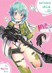  &gt;:) anti-materiel_rifle aqua_eyes aqua_hair blush cover digital_dissolve dissolving_clothes fingerless_gloves gloves gun hair_ornament hairclip highres hinasaki_you jacket kirito kirito_(sao-ggo) open_mouth pgm_hecate_ii rifle scarf short_hair short_shorts shorts sinon smile sniper_rifle solo spoken_sweatdrop sweatdrop sword_art_online v-shaped_eyebrows weapon 